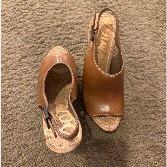 SAM EDELMAN CAMILLA LEATHER UPPER ADJUSTABLE BUCKLE WOODEN WEDGE HEEL SIZE 6 - Picture 2 of 8